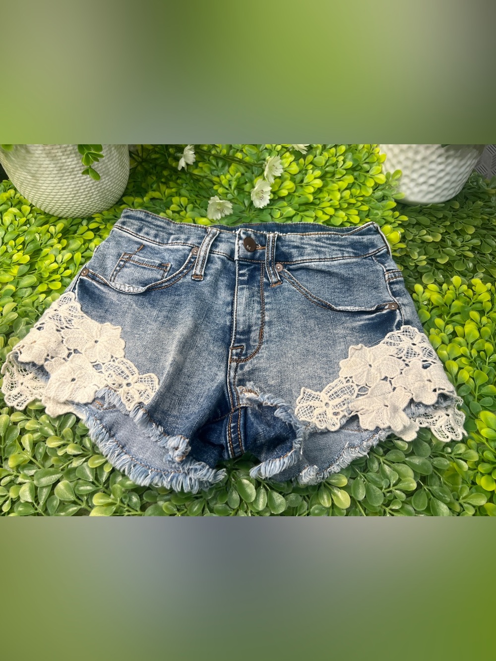 Mossimo Junior Distressed Blue Denim Shorts with Lace Trim